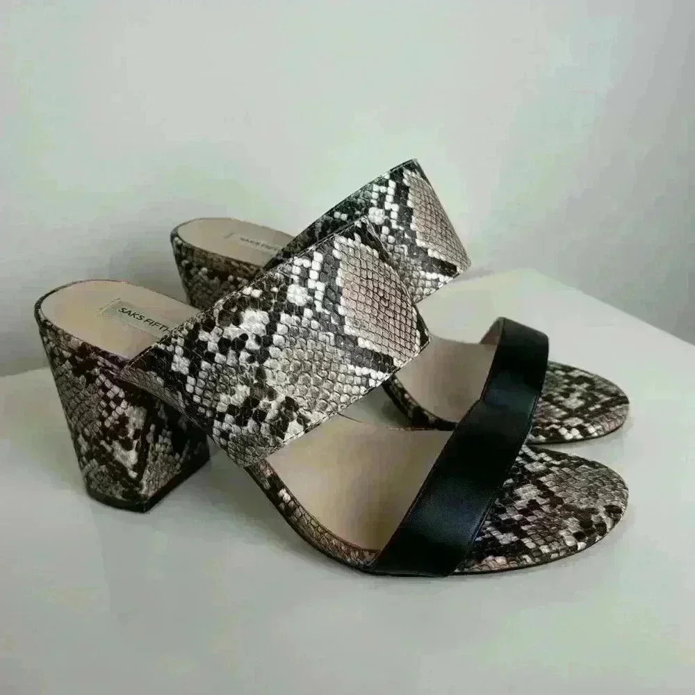 SAKS FIFTH AVENUE Elisha Snake Print Slide Leather Sandal 75225-J-7 Women's 7.5